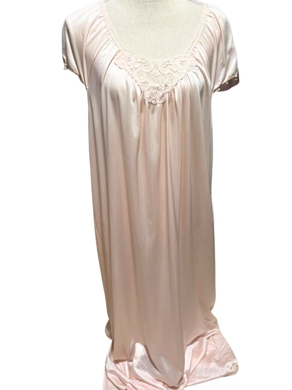 Vintage Lorraine Blush Pink Nylon Nightgown Large Lace Long Gown Made USA